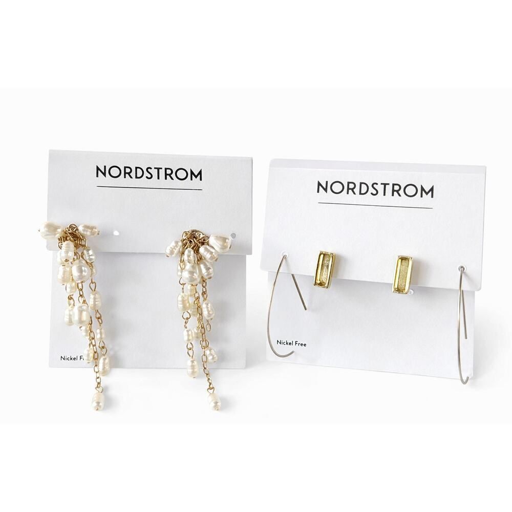 Nordstrom Gold Tone Earring Set 3 Pairs Pearl Drops Bar Studs Hoops NWT